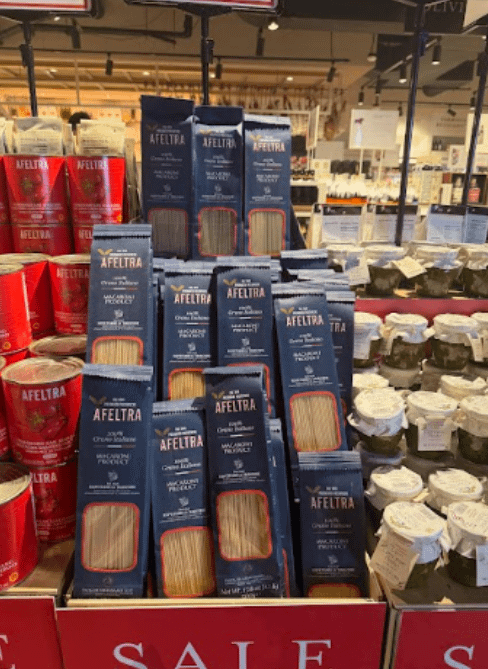 This was some of the pasta on display, specifically spaghetti, with tomato sauce on the left and Pesto sauce on the right.